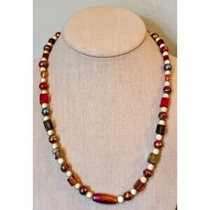 Vintage Metallic Drawbench, Square Lampwork, Art Glass 925 Clasp Bead Necklace